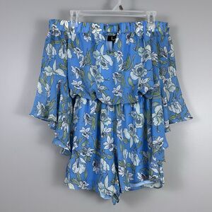 Lulu's Stay Sweet Blue Floral Size Medium Off the Shoulder Chiffon Romper